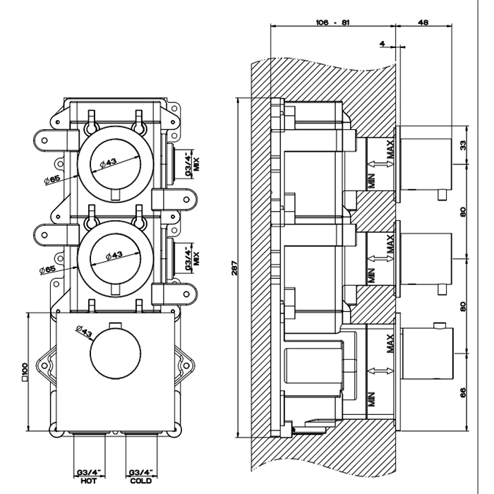 GESSI 316 встраиваемый термостатический смеситель на 2 источника, резьба 3/4 (внешние части), цвет: steel brushed - Gidratop.ru изображение