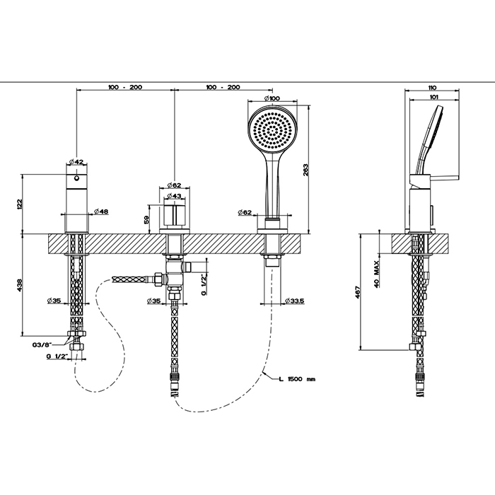 Gessi Emporio Via tortona смеситель для ванны на 3 отверстия наполнение через слив-перелив, лейка, цвет: Black XL - Gidratop.ru изображение