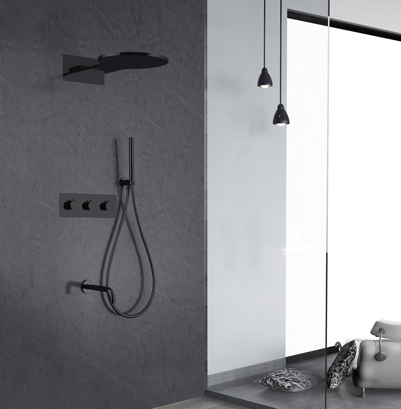 Душевая система ABBER Wasser Kreis AF8150B скрытого монтажа с изливом, термостат, черная матовая - Gidratop.ru изображение