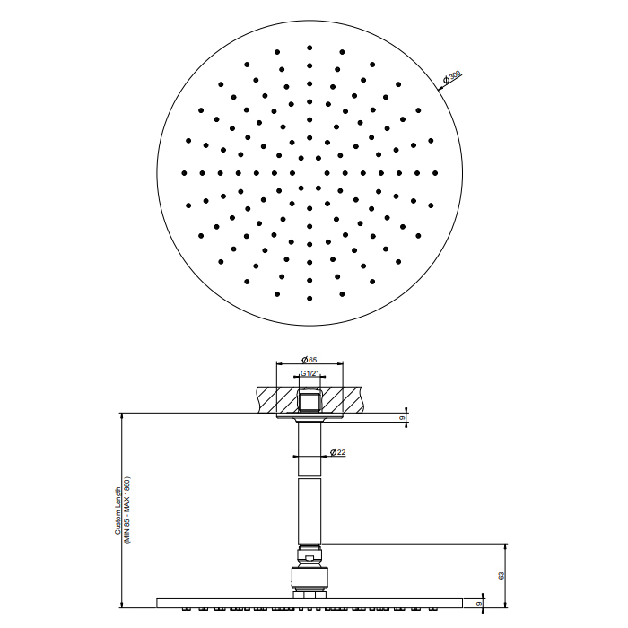 GESSI INCISO потолочная верхний душ шарнирная на 1/2, Oslash;300мм, длина изготавливается под заказ (от 105 до 1855 мм), цвет: хром - Gidratop.ru изображение