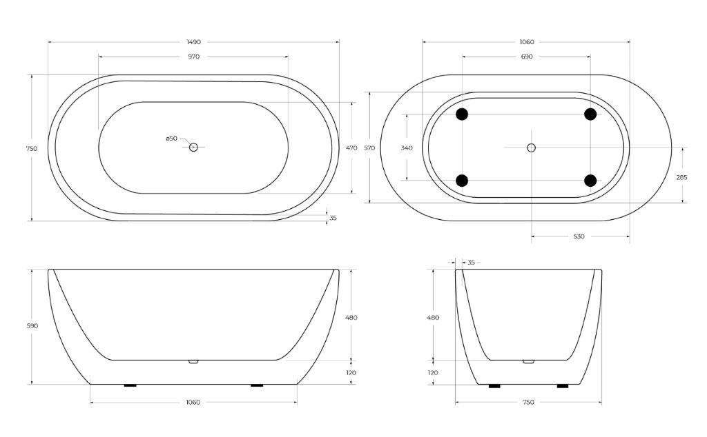 Акриловая ванна без перелива BELBAGNO BB70-1500-W0, 1500x750x570 - Gidratop.ru изображение