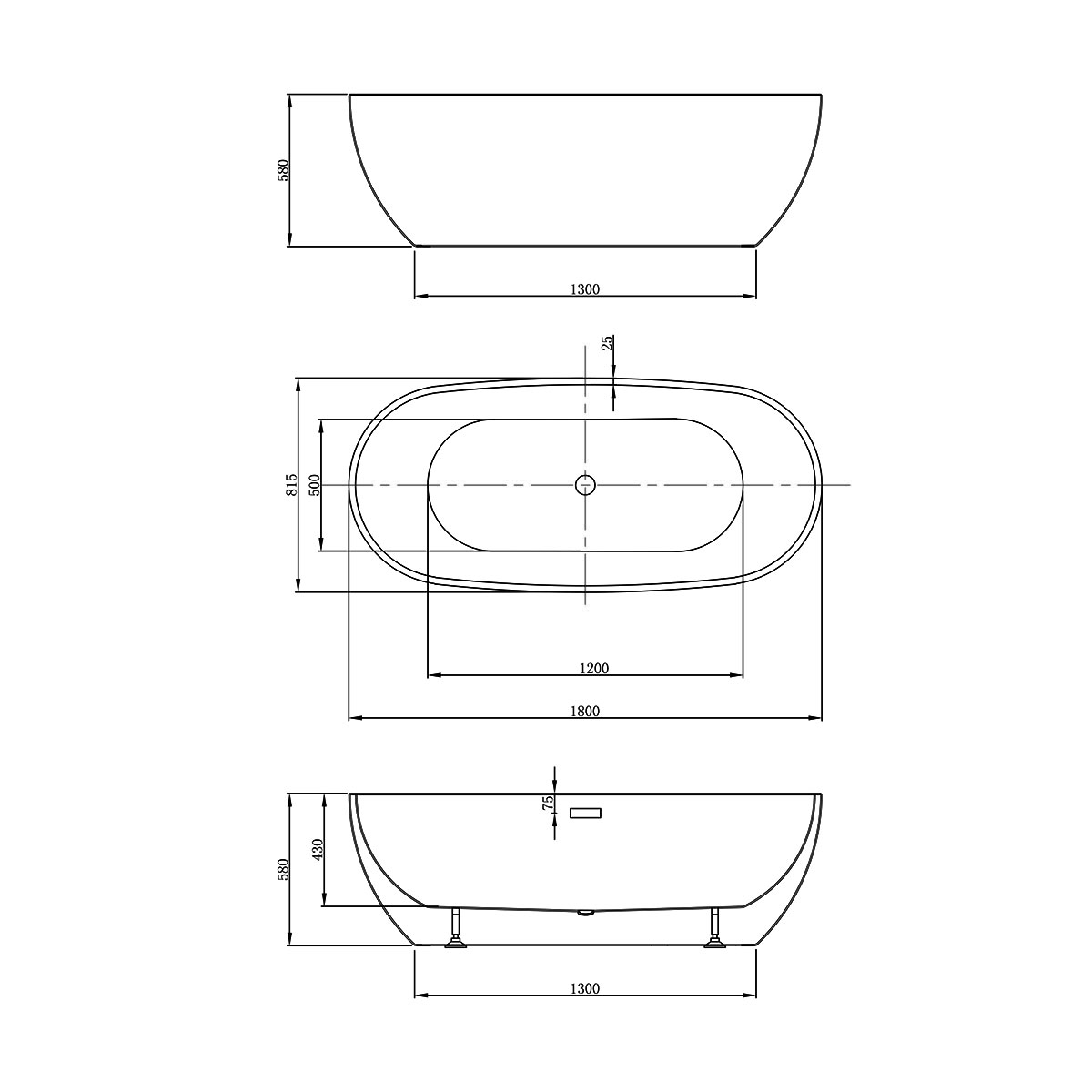 Ванна акриловая Vincea VBT-408-1800, 1800*815*580, цвет белый, щелевой перелив - Gidratop.ru изображение