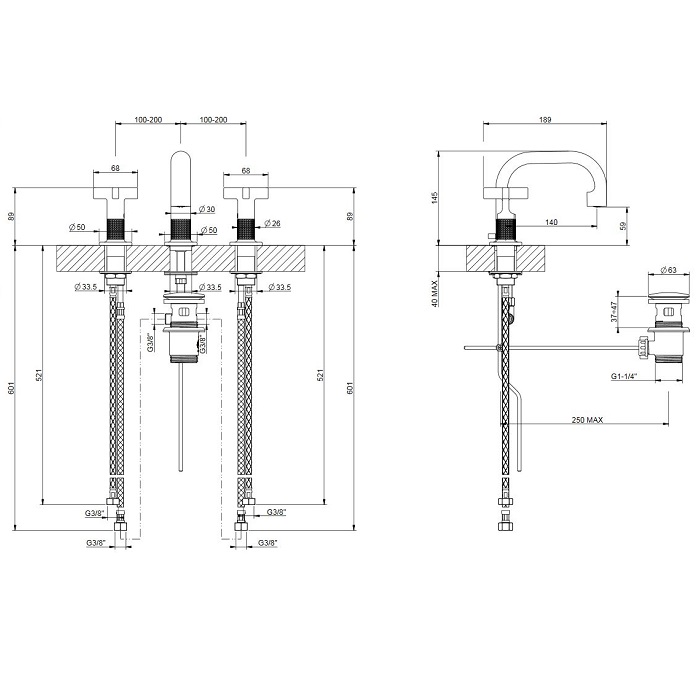 GESSI INCISO смеситель для раковины на 3 отверстия с донным клапаном, излив 140мм, h=145мм, цвет: Finox Brushed Nickel - Gidratop.ru изображение