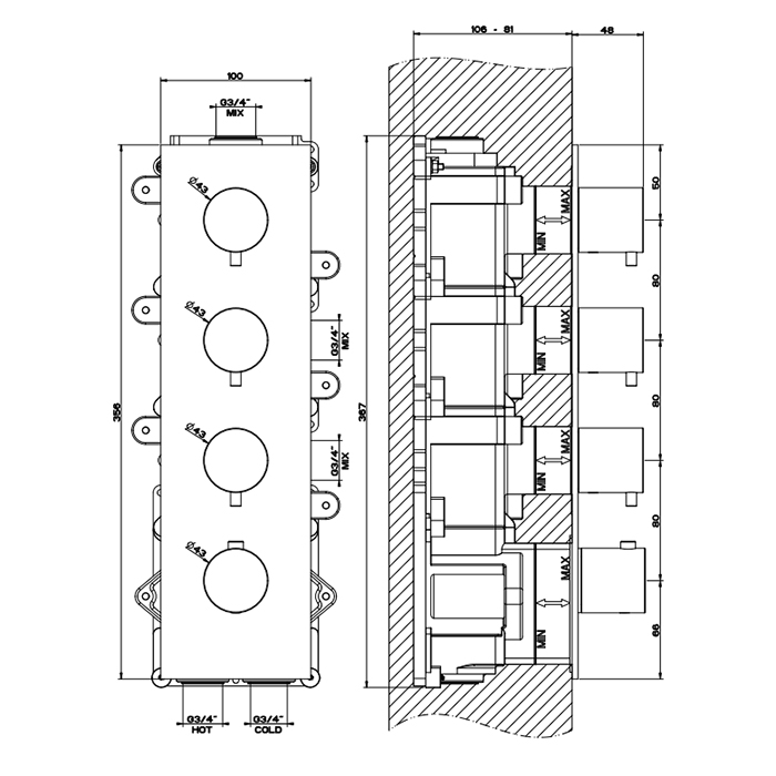GESSI 316 встраиваемый термостатический смеситель на 3 источника, резьба 3/4 (внешние части), цвет: steel brushed - Gidratop.ru изображение