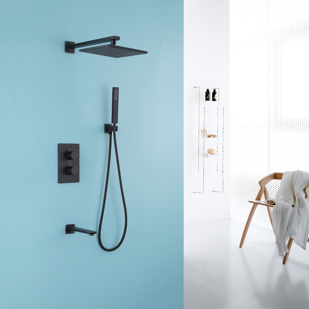 Душевая система ABBER Weiss Insel AF8050B скрытого монтажа с изливом, термостат, черная матовая - Gidratop.ru изображение