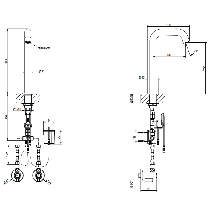GESSI 316 FLESSA смеситель для раковины, электронный, с кран-фильтром для регулировки температ и напора воды, высота излива 230 мм, цвет Steel Brushed - Gidratop.ru изображение