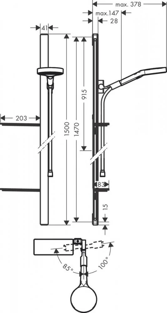 Душевой набор Hansgrohe Rainfinity 130 3jet 27673000 Unica'1500 Casetta, корпус хром, лицевая часть черная, 3 режима струи - Gidratop.ru изображение