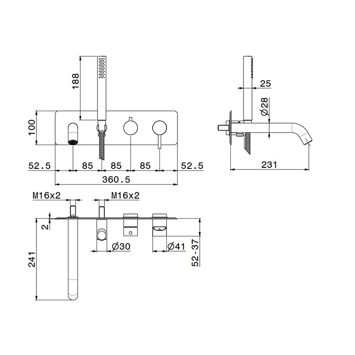 Newform X-STEEL 316 Смеситель для ванны встраиваемый с ручным душем, излив 231 мм,  внешняя часть , цвет: INOX - Gidratop.ru изображение