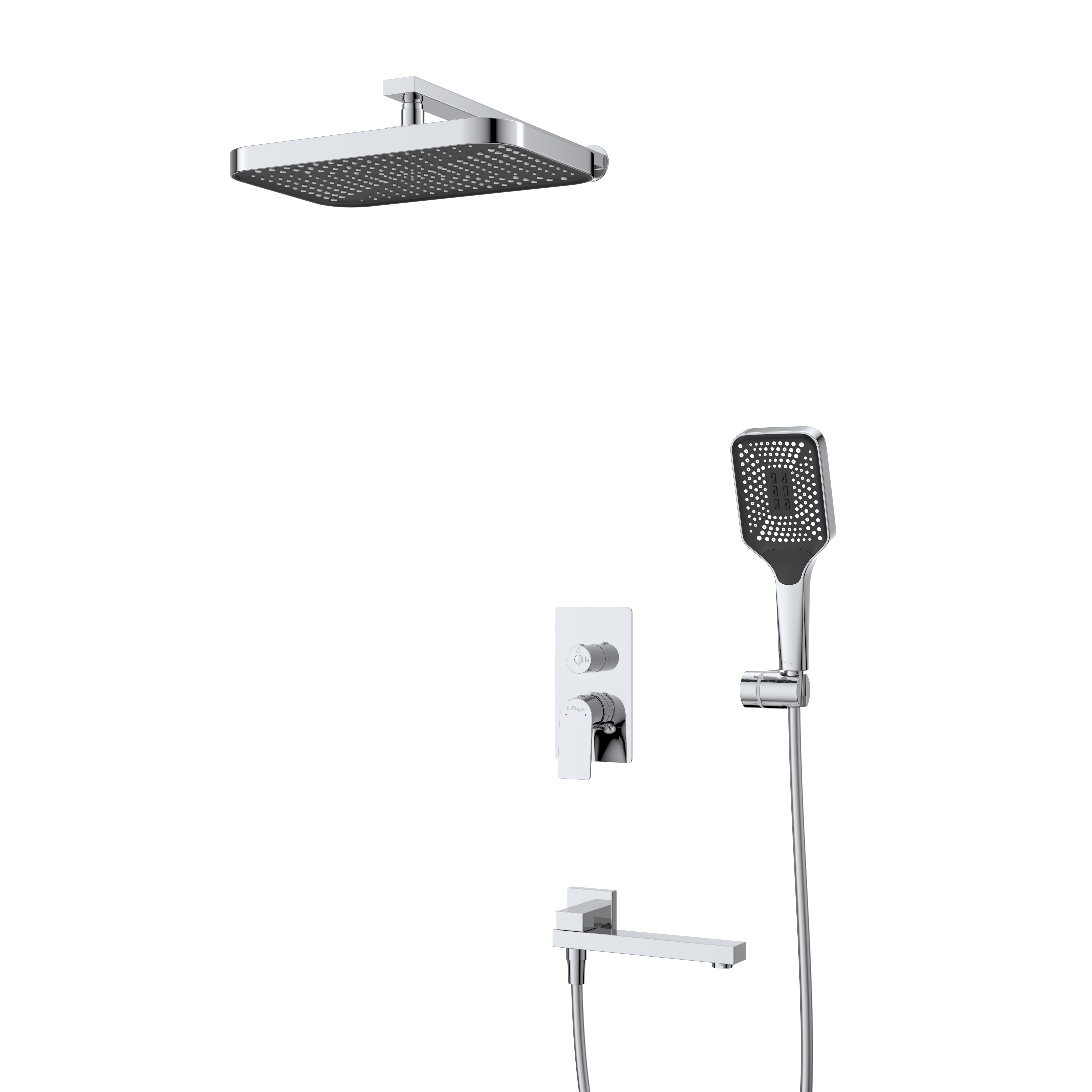 DUE Душевой комплект встраиваемый с изливом (смеситель встраиваемый, верхний душ, ручной душ со шлангом, штуцер с держателем), хром DUE-VDSET-CRM - Gidratop.ru изображение