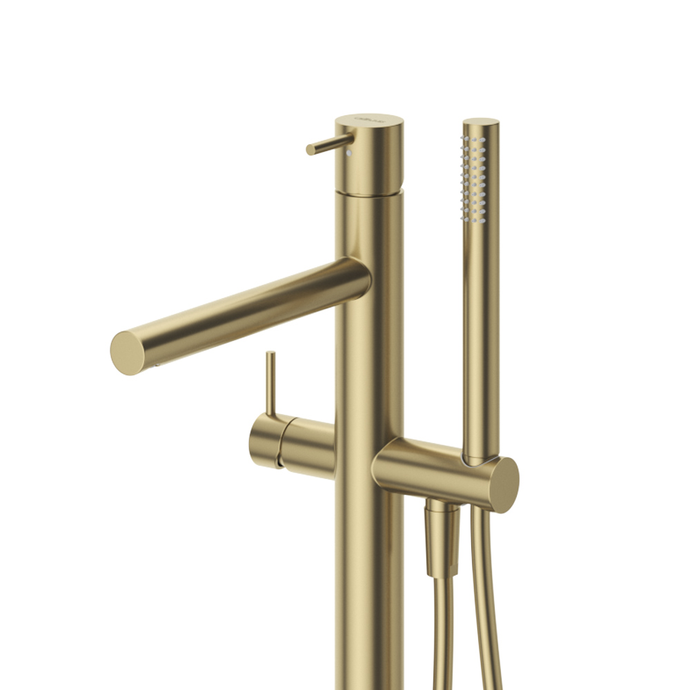 LEAF-VDP-L-SR Напольный смеситель для ванны и душа однорычажный в комплекте с ручным душем и шлангом, исполнение Sunrise - Gidratop.ru изображение