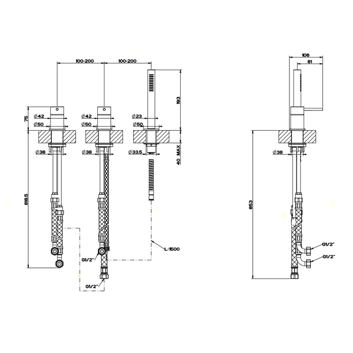 GESSI 316 смеситель для ванны на 3 отверстия наполнение через слив-перелив с переключателем, убирающаяся душевая лейка, цвет: steel brushed - Gidratop.ru изображение