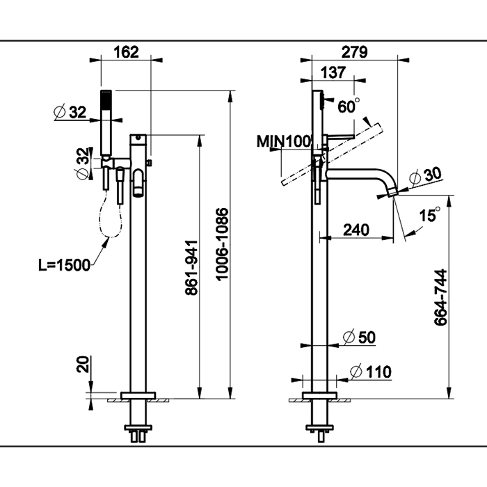 Gessi Emporio Via tortona внешние части для напольного смесителя для ванны с душевой лейкой, цвет: Chrome - Gidratop.ru изображение