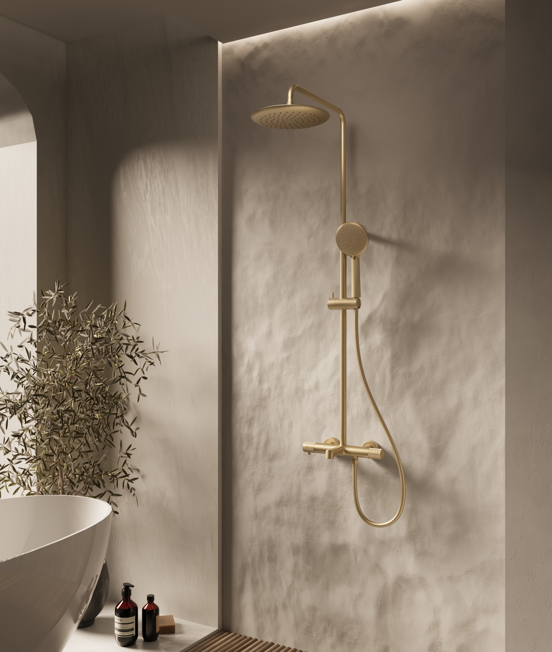 Душевая стойка Desire VSFS-1D1TBG термостатическая с изливом, 25см верх душ, брашированное золото - Gidratop.ru изображение