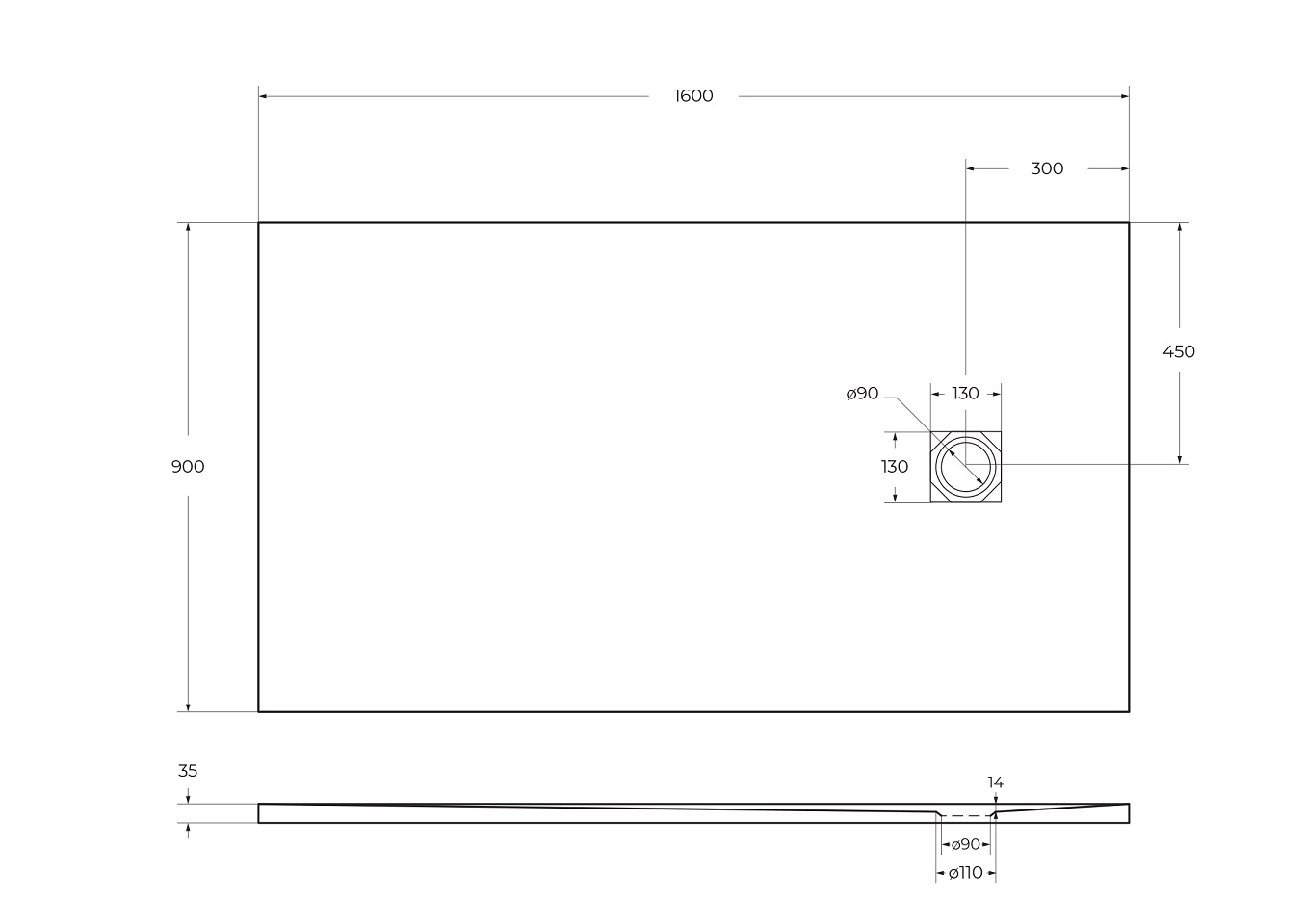 Душевой поддон из искусственного мрамора в комплекте с сифоном BelBagno UNO TRAY-MR-UNO-AH-160/90-35-W-CR - Gidratop.ru изображение