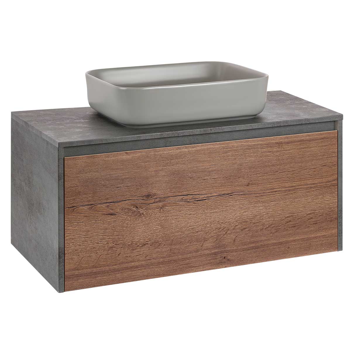 База под накладную раковину Mesa 1000 подвесная, 1 выкатной/1 скрытый ящик soft close, T.Oak + Beton - Gidratop.ru изображение