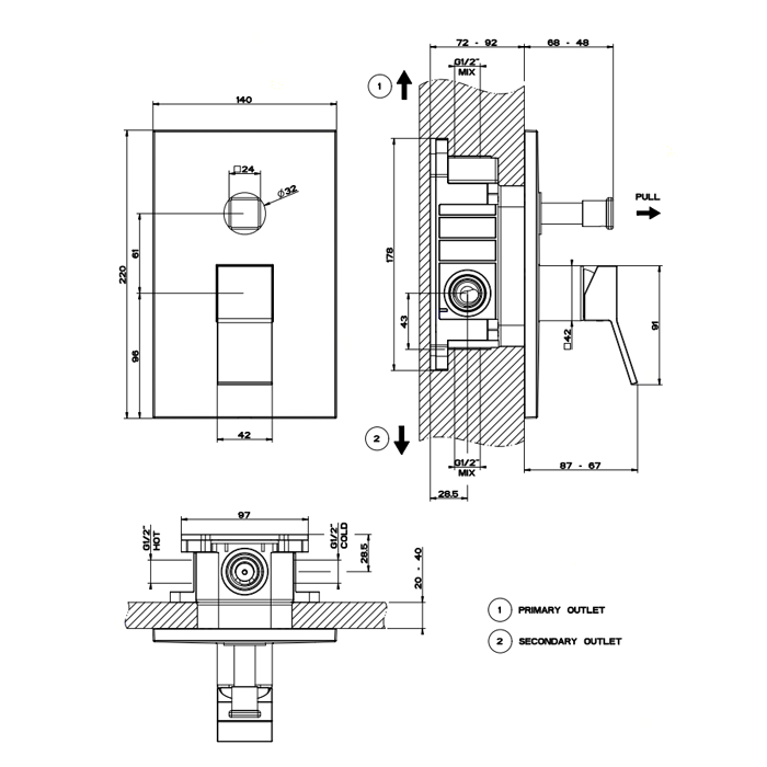 Gessi Rettangolo K встраиваемый однорычажный смеситель для душа (внешняя часть) с переключателем, цвет: хром - Gidratop.ru изображение