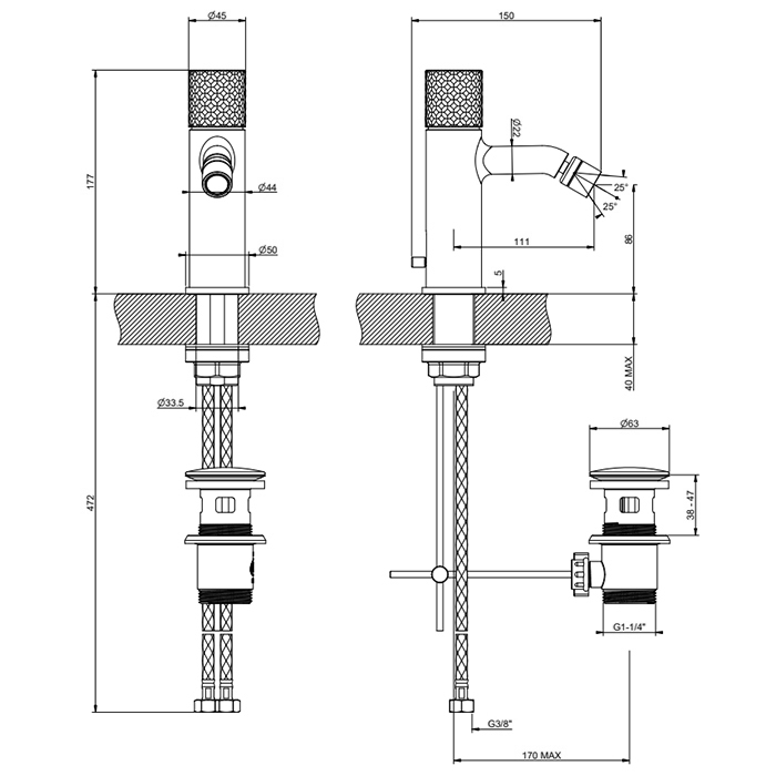 GESSI HABITO INTRECCIO смеситель для биде на 1 отверстие, однорычажный, в комплекте с донным клапаном, цвет Black Metal PVD - Gidratop.ru изображение