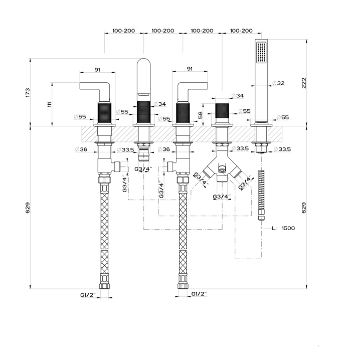 GESSI INCISO смеситель для ванны на 5 отверстий с изливом, переключателем, ручным душем и шлангом 1,50 м, цвет: finox - Gidratop.ru изображение