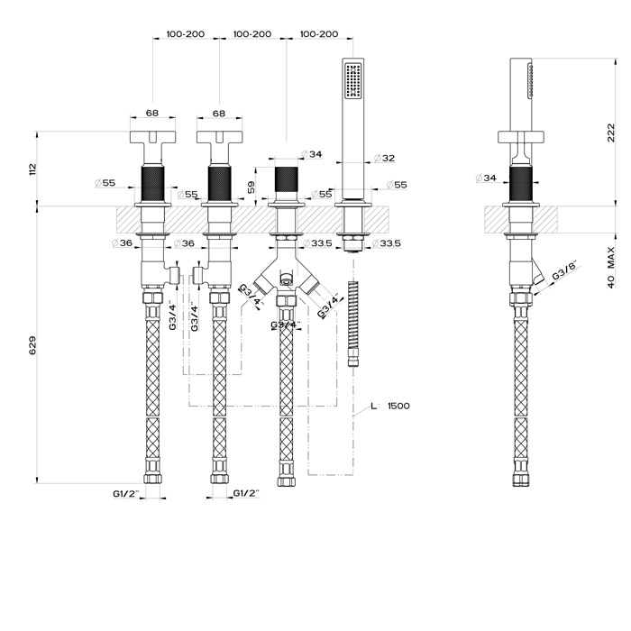 GESSI INCISO смеситель для ванны на 4 отверстия для наполнения через слив-перелив, переключатель, с ручным душем, цвет: Finox Brushed Nickel - Gidratop.ru изображение