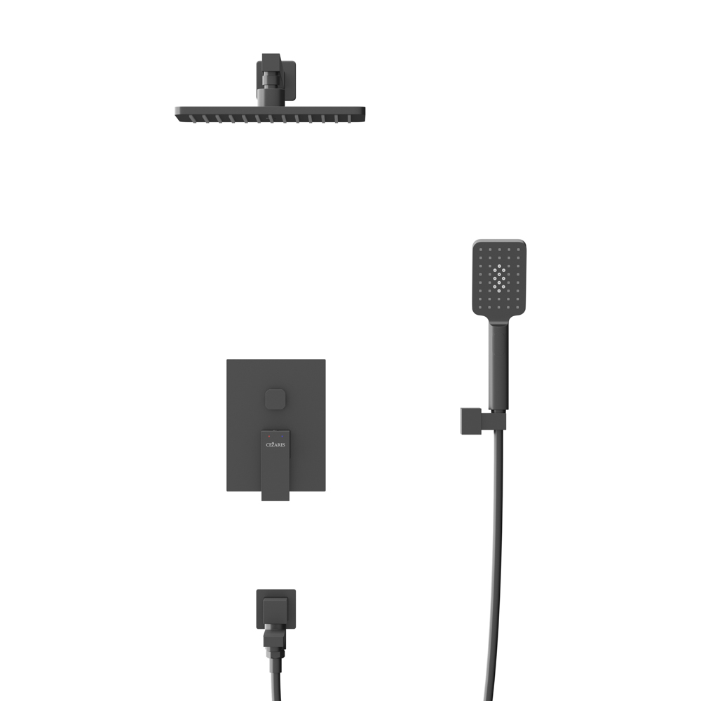 SLIDER-VDSET-NOP Душевой комплект встраиваемый с изливом (смеситель встраиваемый, верхний душ, ручной душ со шлангом, излив, штуцер с держателем), черный матовый - Gidratop.ru изображение