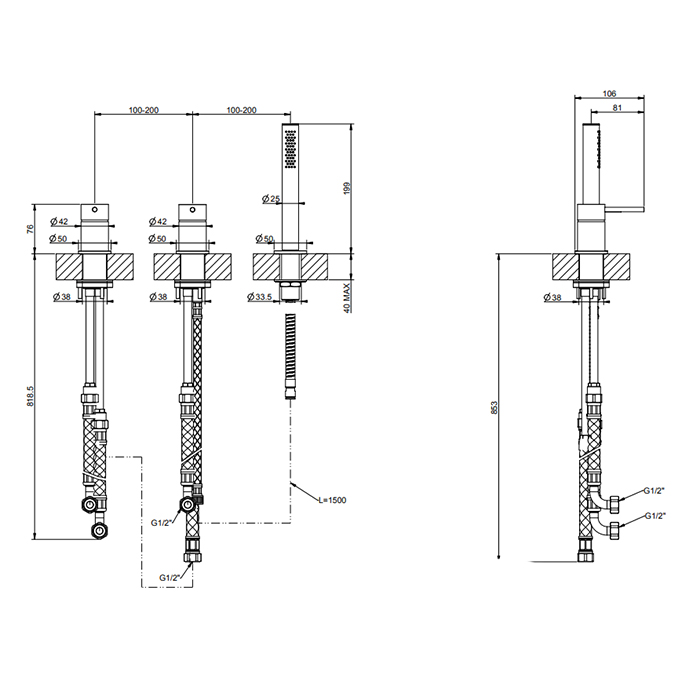 GESSI 316 смеситель для ванны на 3 отверстия наполнение через слив-перелив с переключателем, убирающаяся душевая лейка, цвет: brushed black metal pvd - Gidratop.ru изображение
