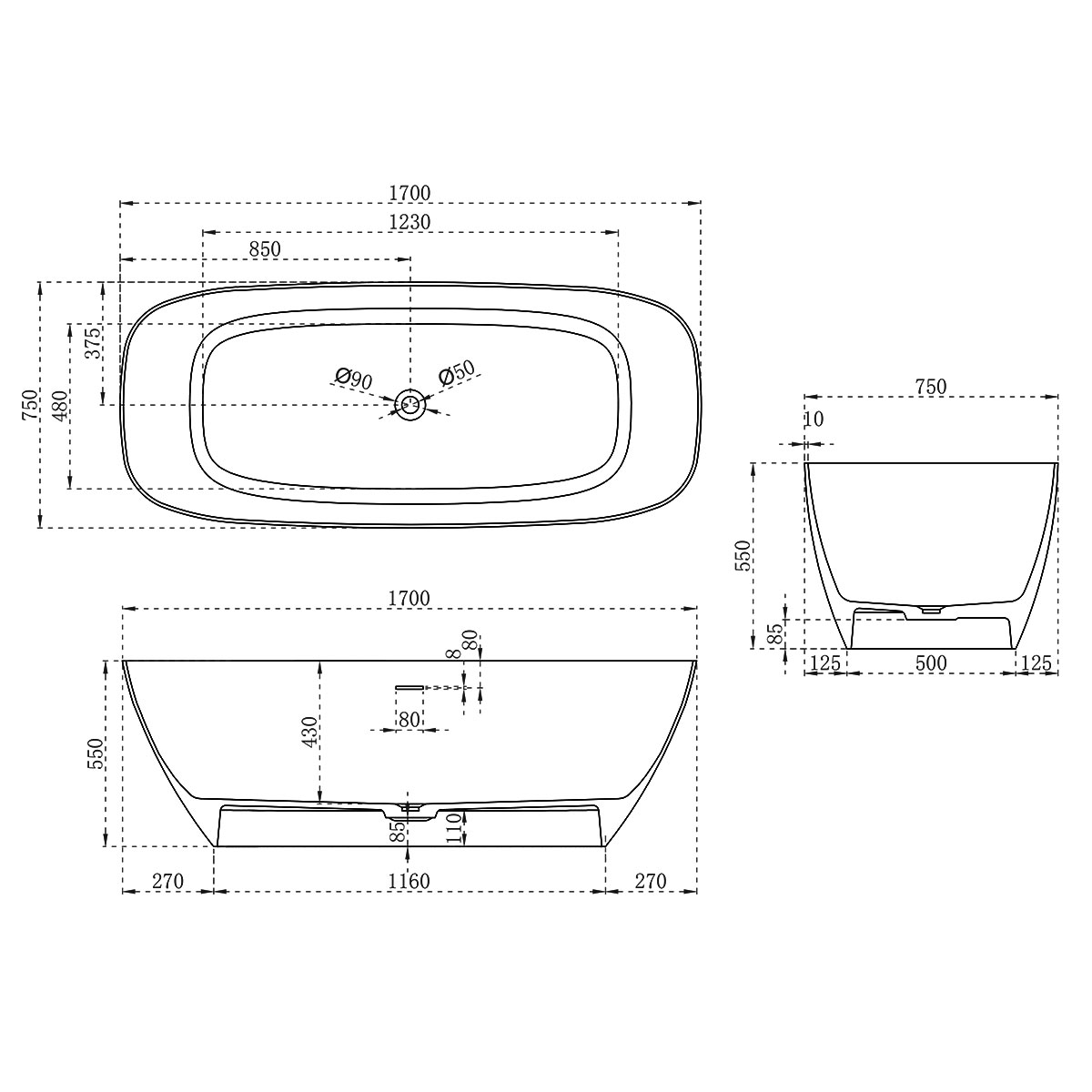 Ванна Solid Surface Vincea VBT-6S02MW, 1700*720*550, белый мат., слив-перелив в комплекте - Gidratop.ru изображение