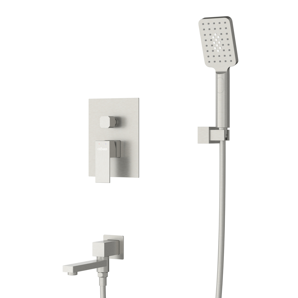 SLIDER-VDSET-IN Душевой комплект встраиваемый с изливом (смеситель встраиваемый, верхний душ, ручной душ со шлангом, излив, штуцер с держателем), сатин - Gidratop.ru изображение