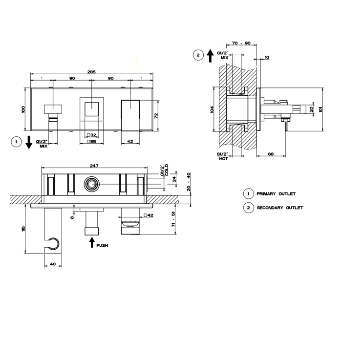 Gessi Rettangolo встраиваемый смеситель на 2 позиции, подводом воды, держателем лейки и переключателем PUSH(внешние части), цвет: хром - Gidratop.ru изображение