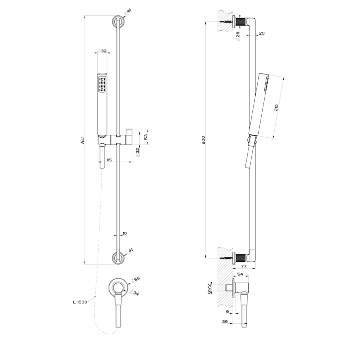 GESSI INCISO штанга в комплекте с душевой лейкой, шланг 1,50 м, вывод воды из стены, цвет: nero XL - Gidratop.ru изображение