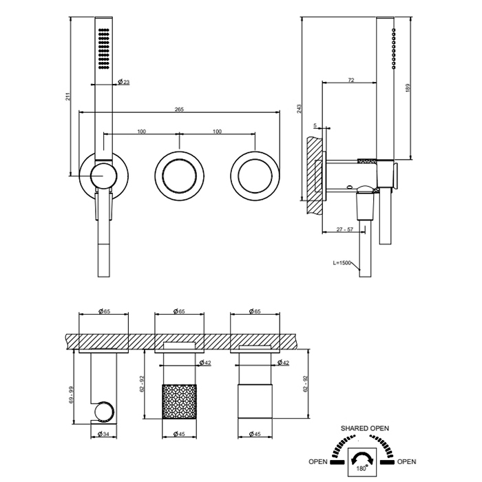 GESSI HABITO INTRECCIO смеситель настенный встраиваемый, однорычажный, с переключателем на 2 положения, с ручн душ,настенным держ, цвет Black Metal PV - Gidratop.ru изображение