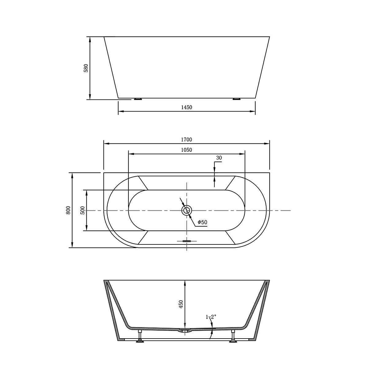Ванна акриловая Vincea VBT-421-1700MB, 1700*800*580, цвет черный матовый/белый матовый, щелевой перелив, слив белый - Gidratop.ru изображение