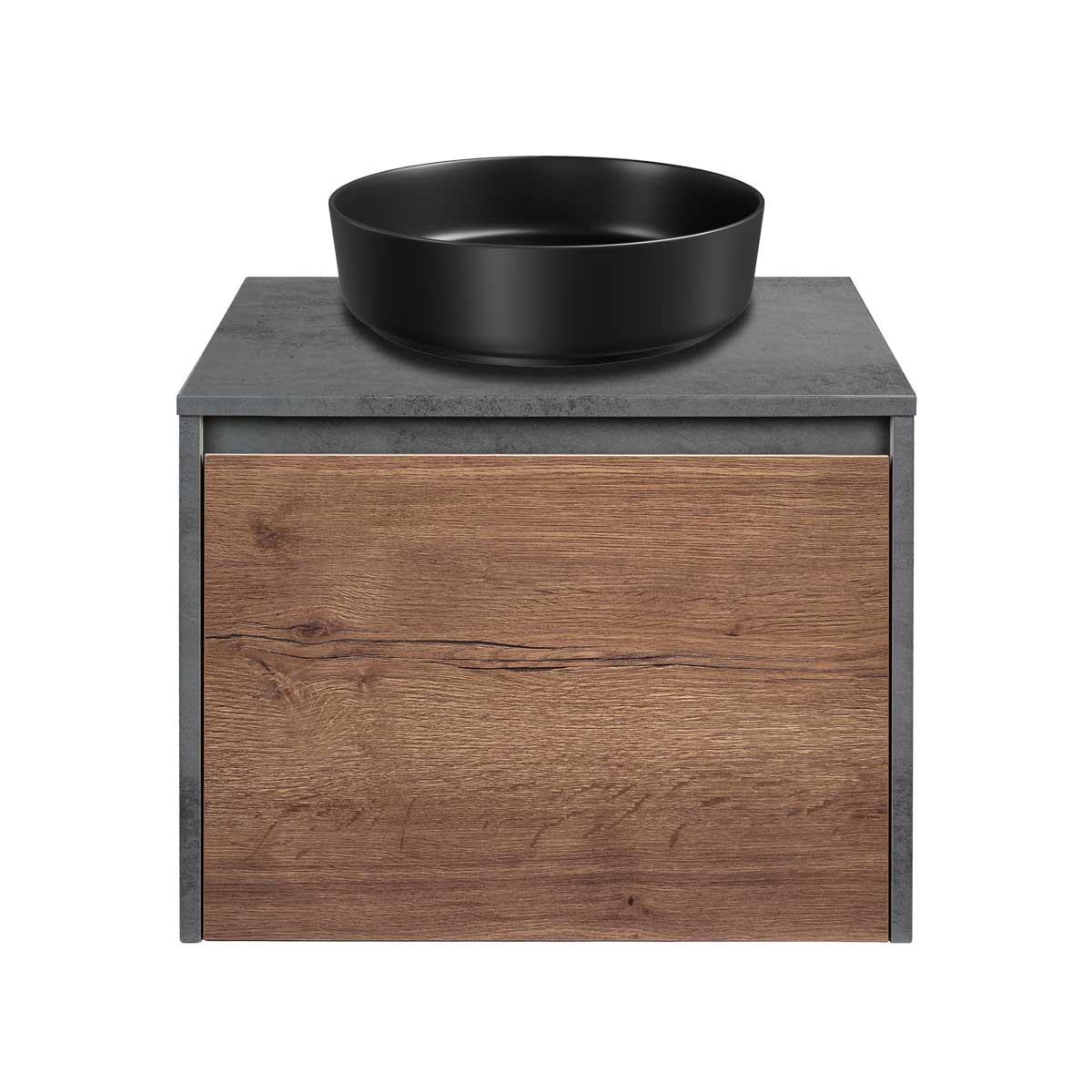 База под накладную раковину Mesa 600 подвесная, 1 выкатной/1 скрытый ящик soft close, T.Oak + Beton - Gidratop.ru изображение