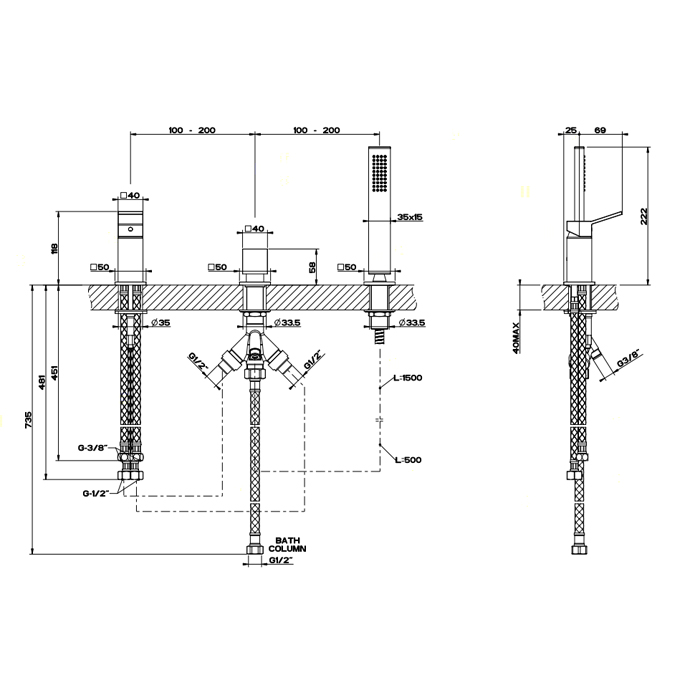 Gessi Rettangolo K смеситель для ванны на 3 отверстия, с переключателем и ручным душем, без излива, цвет: черный - Gidratop.ru изображение