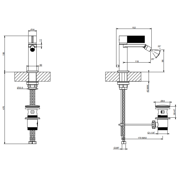 GESSI  INVERSO RIGATO смеситель для биде с донным клапаном и соединительными шлангами, цвет: Black Metal PVD - Gidratop.ru изображение