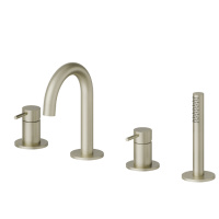 Newform X-STEEL 316 Смеситель для ванны набортный с изливом, в комплекте руч. душ, шланг, цвет: PVD Brushed pale gold - Gidratop.ru изображение