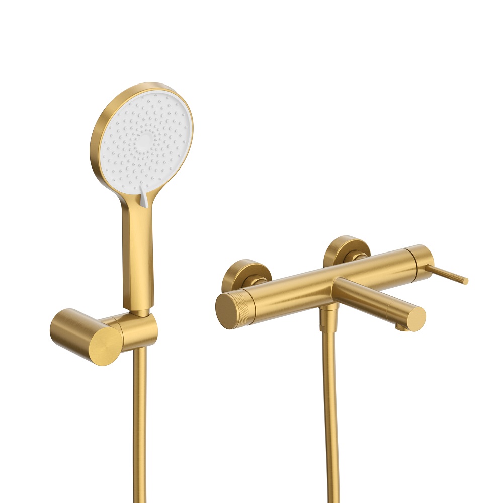 RELAX-VD-BORO Смеситель для ванны и душа однорычажный в комплекте с ручным душем, шлангом и держателем, брашированное золото - Gidratop.ru изображение