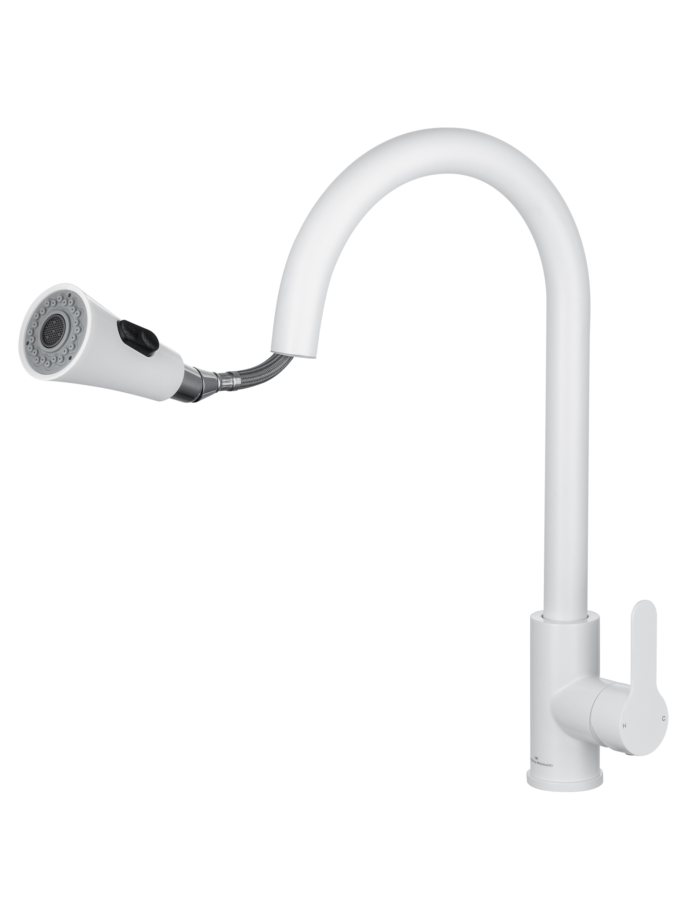 Смеситель для кухни с выдвижным изливом WONZON & WOGHAND, Белый матовый (WW-121E201L-MW) - Gidratop.ru изображение