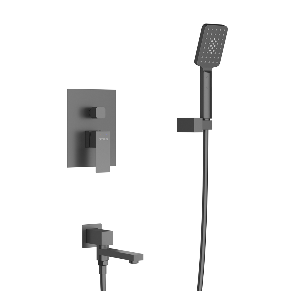 SLIDER-VDSET-NOP Душевой комплект встраиваемый с изливом (смеситель встраиваемый, верхний душ, ручной душ со шлангом, излив, штуцер с держателем), черный матовый - Gidratop.ru изображение