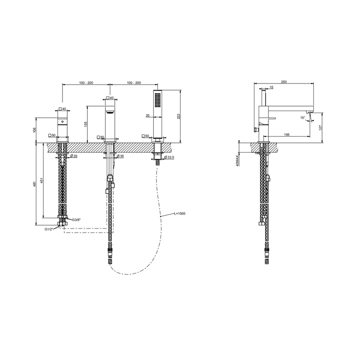 Gessi Rettangolo смеситель для ванны на 3 отверстия, с переключателем, изливом 195мм и ручным душем, цвет: черный - Gidratop.ru изображение