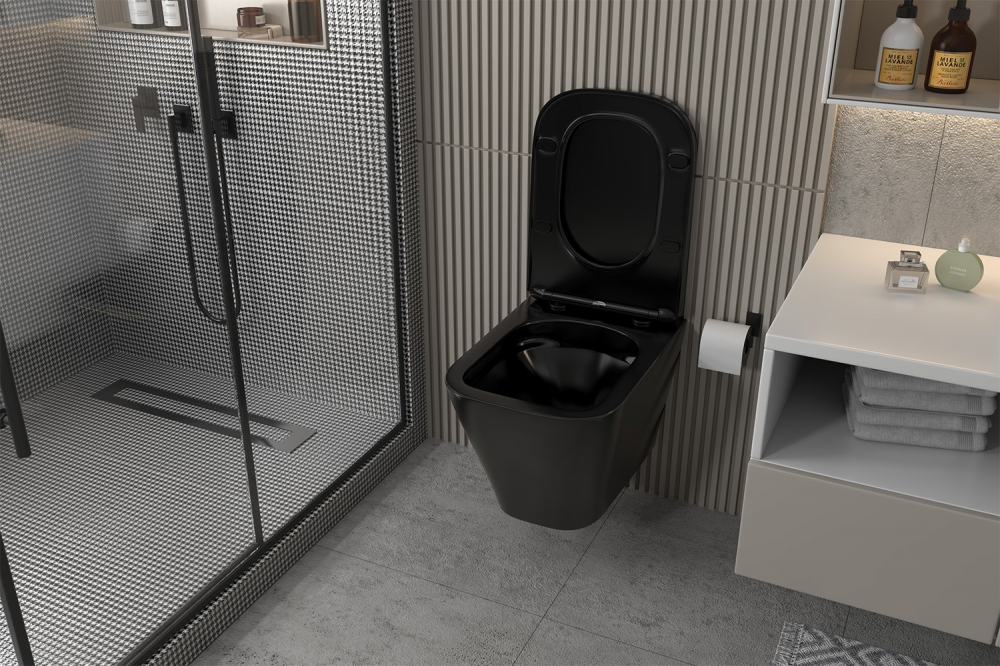 Комплект подвесной унитаз ABBER Rechteck AC1201MB черный матовый с инсталляцией AC0105 и кнопкой AC0121NG никель - Gidratop.ru изображение