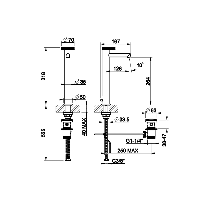 Gessi Anello смеситель для раковины высокий, излив короткий. С донным клапаном и соединительными шлангами, цвет: Black Metal Brushed PVD - Gidratop.ru изображение