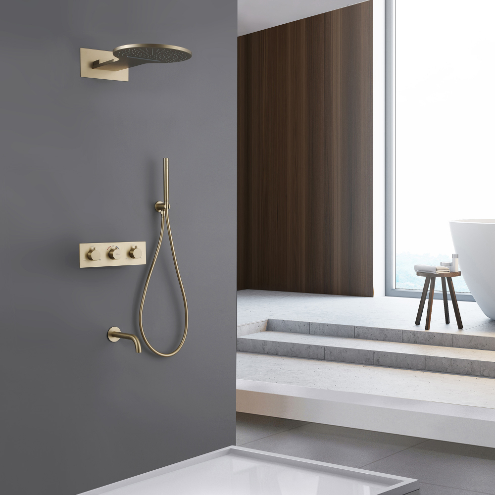 Душевая система ABBER Wasser Kreis AF8150G скрытого монтажа с изливом, термостат, золото матовое - Gidratop.ru изображение