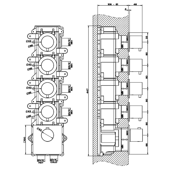 GESSI 316 встраиваемый термостатический смеситель на 4 источника, резьба 3/4 (внешние части), цвет: brushed black metal pvd - Gidratop.ru изображение