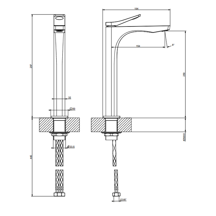 GESSI Rilievo смеситель для раковины на 1 отв. без донного клапана  h=297мм, излив 154мм , цвет: nero XL - Gidratop.ru изображение