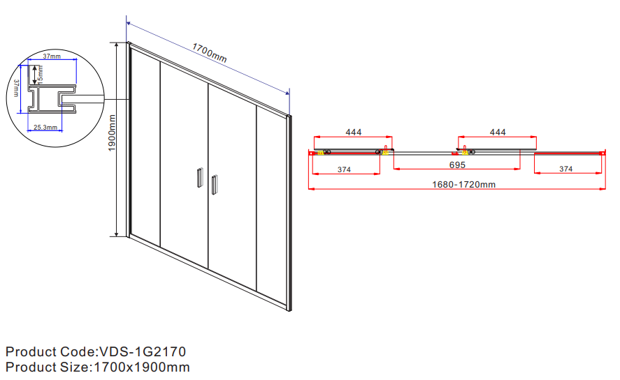 Душевая дверь Garda VDS-1G2170CLG, 1700, брашированное золото, стекло прозрачное - Gidratop.ru изображение
