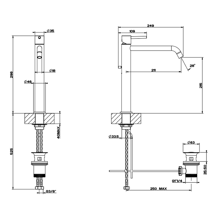 Gessi Emporio Via tortona смеситель для раковины высокий с длинным изливом, с донным клапаном, цвет: Finox Brushed Nickel - Gidratop.ru изображение