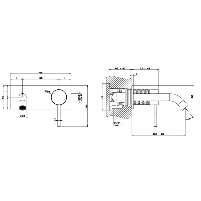 GESSI 316 встраиваемый смеситель для раковины с изливом 146-116мм (внешняя часть), цвет: brushed black metal pvd - Gidratop.ru изображение