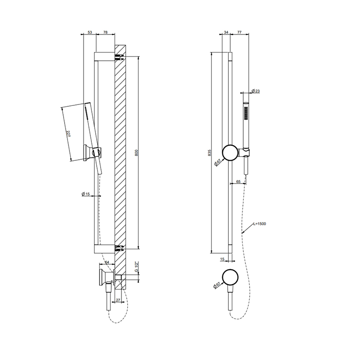 GESSI Origini штанга в комплекте с душевой лейкой, шланг 1,50 м и вывод воды. в компл с отд вставкой, цвет: Finox Brushed Nickel - Gidratop.ru изображение