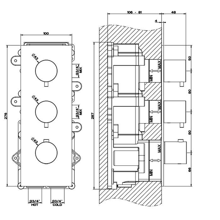 GESSI 316 встраиваемый термостатический смеситель на 2 источника, резьба 3/4 (внешние части), цвет: brushed black metal pvd - Gidratop.ru изображение