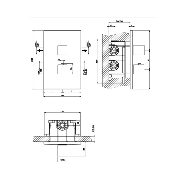 Gessi Rettangolo встраиваемый термостат, подключение на 3/4, с переключателем на 2 выхода(внешние части), цвет: черный - Gidratop.ru изображение